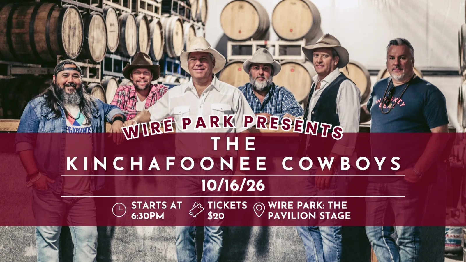 Wire Park presents The Kinchafoonee Cowboys. October 16th at 6:30PM on The Pavilion Stage. Tickets $20.