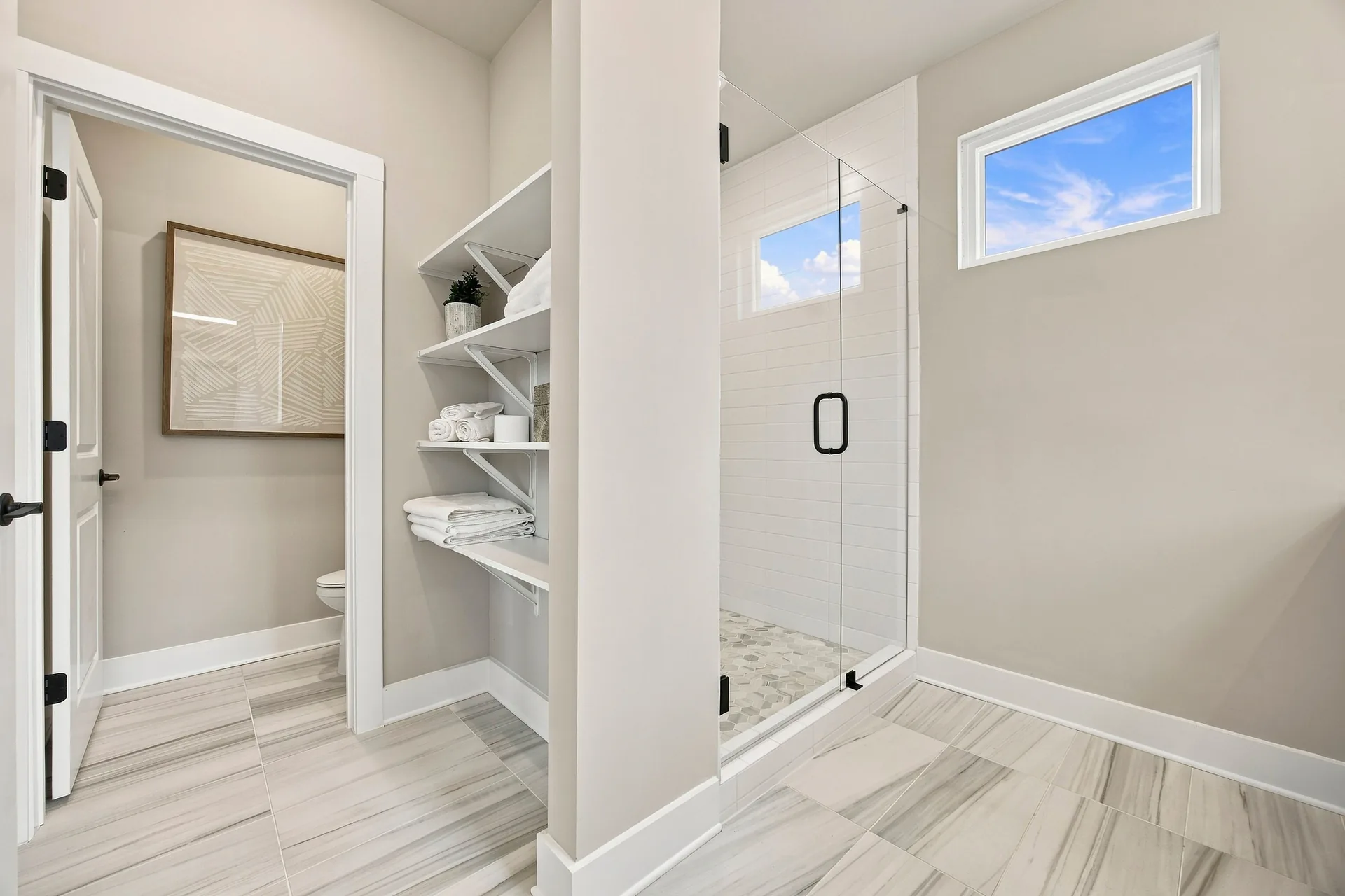Linen shelving and shower — teal collection