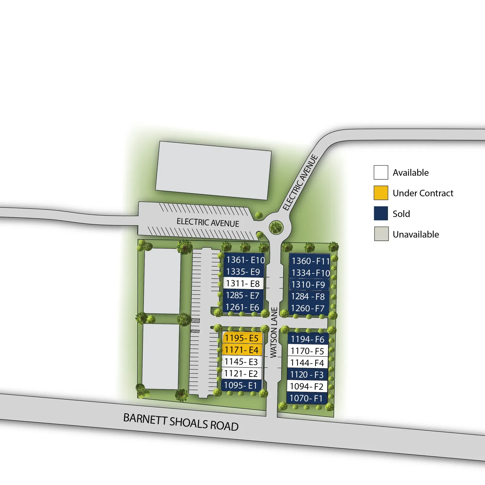 The Towns at Wire Park site plan showing all townhome lots E1–E10 and F1–F11