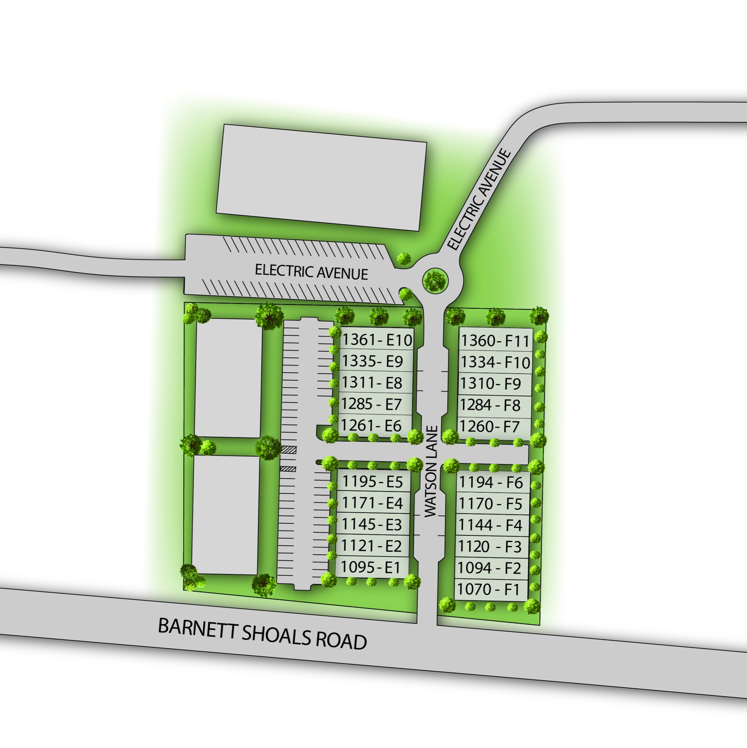 The Towns at Wire Park site plan showing all townhome lots E1–E10 and F1–F11